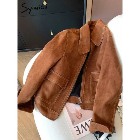 Syiwidii Women's Autumn Casual Jacket 2024 - Long Sleeve Turn-Down Collar Coat with Zipper