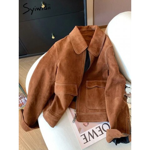 Syiwidii Women's Autumn Casual Jacket 2024 - Long Sleeve Turn-Down Collar Coat with Zipper