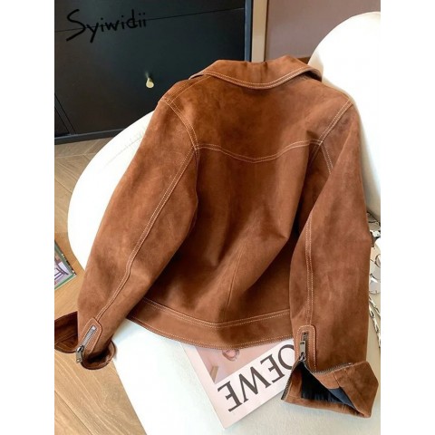 Syiwidii Women's Autumn Casual Jacket 2024 - Long Sleeve Turn-Down Collar Coat with Zipper