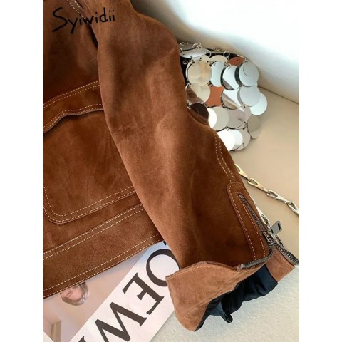 Syiwidii Women's Autumn Casual Jacket 2024 - Long Sleeve Turn-Down Collar Coat with Zipper
