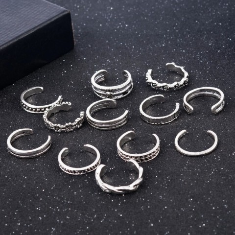 Cocktail Ring Lady Adjustable Toe Ring Set, Unique Retro Designs, 12 Pieces