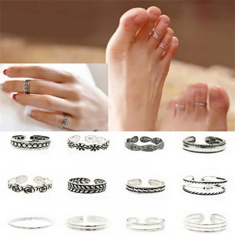 Cocktail Ring Lady Adjustable Toe Ring Set, Unique Retro Designs, 12 Pieces