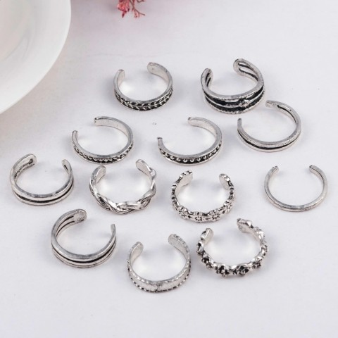 Cocktail Ring Lady Adjustable Toe Ring Set, Unique Retro Designs, 12 Pieces