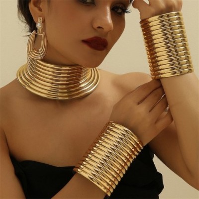 Vintage Leather African Jewelry Set for Women - Choker, Bracelet, Earrings