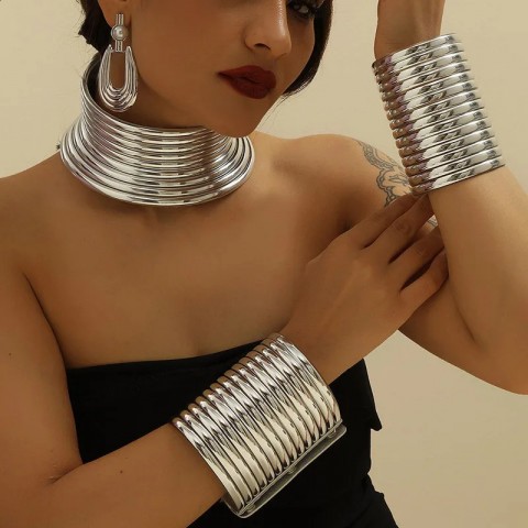 Vintage Leather African Jewelry Set for Women - Choker, Bracelet, Earrings