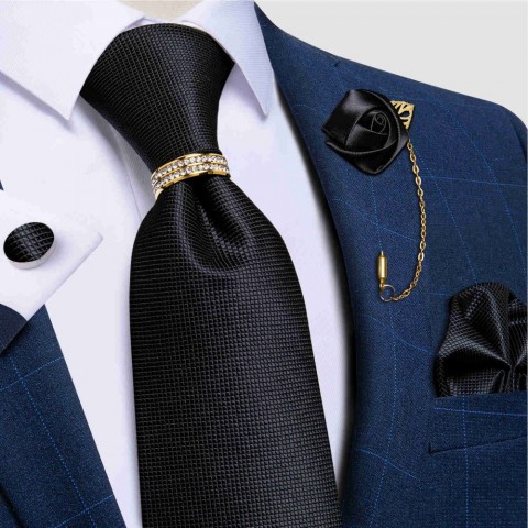 Luxury Neck Ties Set for Men - Black Silk Jacquard with Gold Brooch