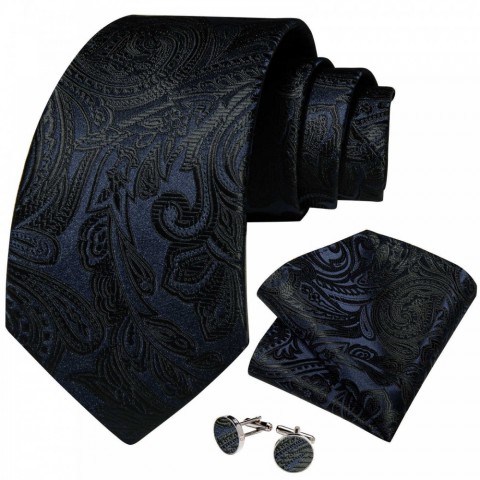Luxury Neck Ties Set for Men - Black Silk Jacquard with Gold Brooch