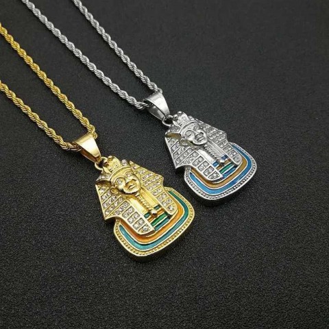 Egyptian Pharaoh Sparkling Pendant Necklace Set in White Zircon & Gold Stainless Steel Y241108