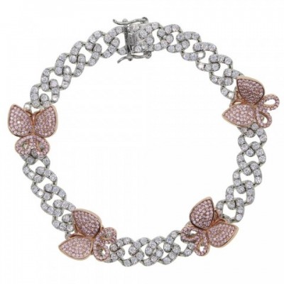 Rose Pink Miami Cuban Link Bracelet with Butterfly Charm for Women