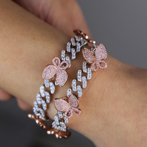 Rose Pink Miami Cuban Link Bracelet with Butterfly Charm for Women