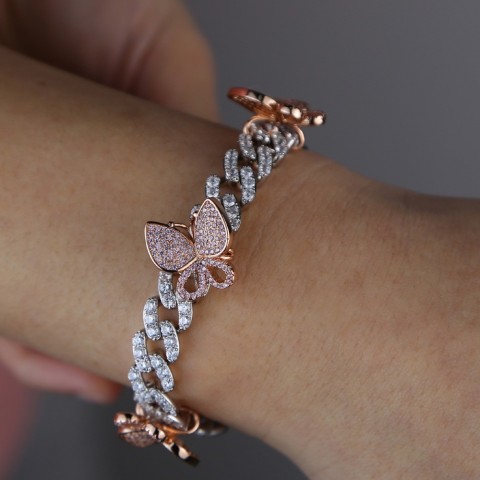 Rose Pink Miami Cuban Link Bracelet with Butterfly Charm for Women
