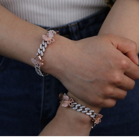 Rose Pink Miami Cuban Link Bracelet with Butterfly Charm for Women
