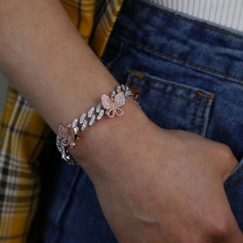 Rose Pink Miami Cuban Link Bracelet with Butterfly Charm for Women