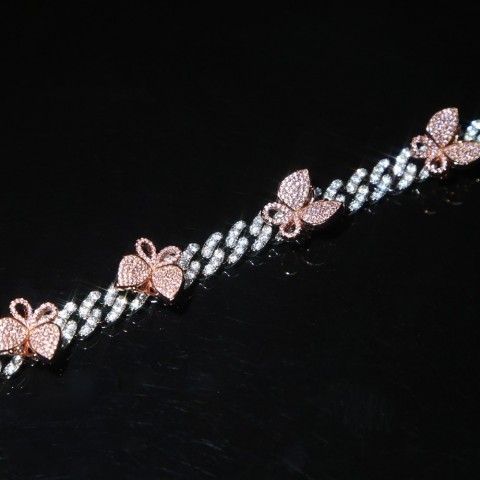 Rose Pink Miami Cuban Link Bracelet with Butterfly Charm for Women