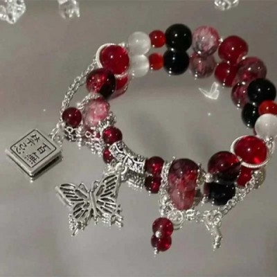 Retro Fashion Women's Red Beaded Butterfly Charm Bracelet W241231