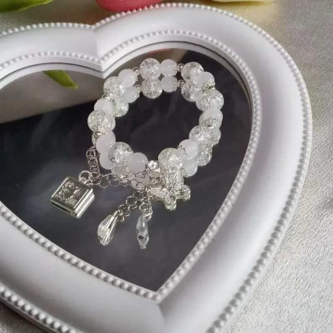 Retro Fashion Women's Red Beaded Butterfly Charm Bracelet W241231