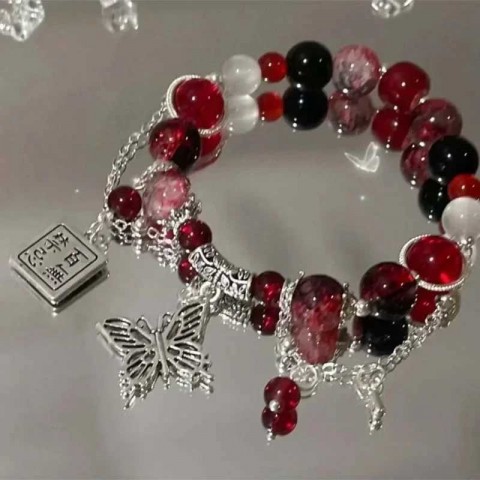 Retro Fashion Women's Red Beaded Butterfly Charm Bracelet W241231