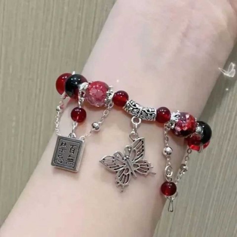 Retro Fashion Women's Red Beaded Butterfly Charm Bracelet W241231