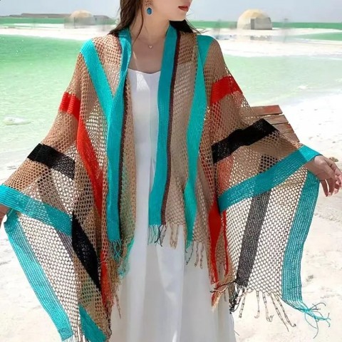 Elegant Women's Rainbow Striped Ethnic Cape for Summer Fashion 2024