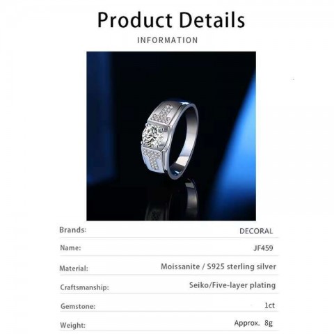 Decoral Men's Classic D-Style 1Carat VVS1 Moissanite 18K Gold Plated Sterling Silver Ring