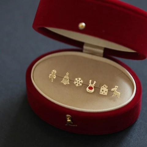 GOLDtutu Christmas Collection 9K Gold Earrings - Charm Style Red Nose Snowflake