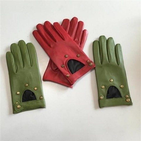 Women's Fashion Red Green Leather Rivet Punk Motorcycle Gloves R749