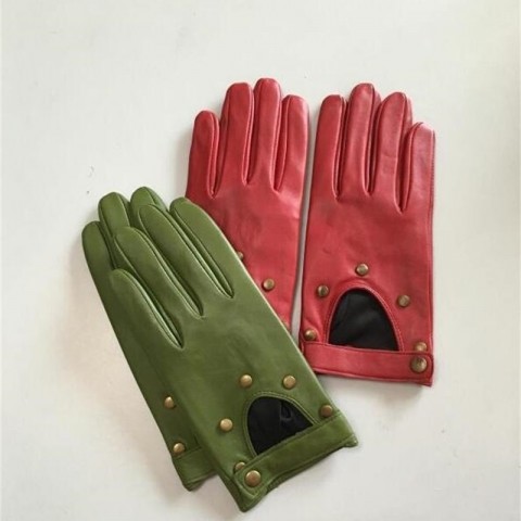 Women's Fashion Red Green Leather Rivet Punk Motorcycle Gloves R749