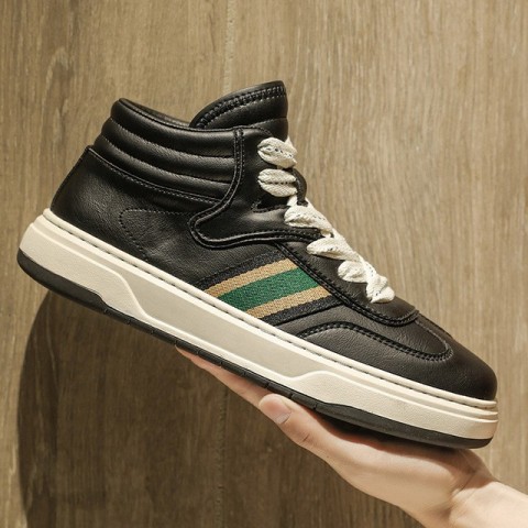 Men's Breathable Leather Casual Skateboard Shoes - Spring White Striped Trendy Sneakers