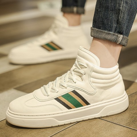 Men's Breathable Leather Casual Skateboard Shoes - Spring White Striped Trendy Sneakers