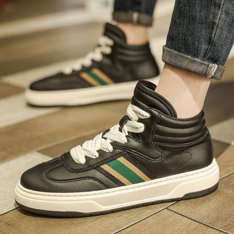 Men's Breathable Leather Casual Skateboard Shoes - Spring White Striped Trendy Sneakers