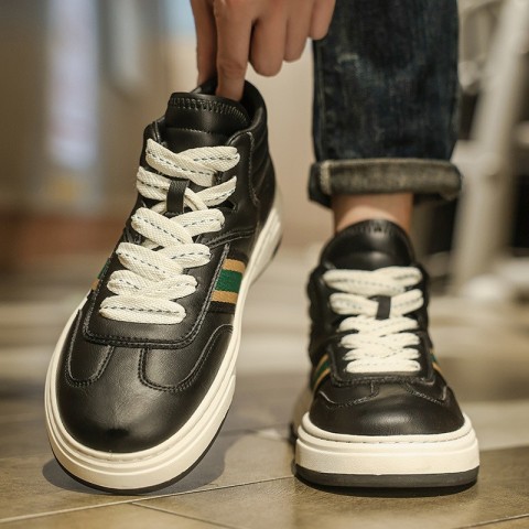 Men's Breathable Leather Casual Skateboard Shoes - Spring White Striped Trendy Sneakers
