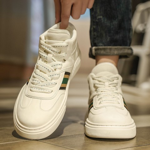 Men's Breathable Leather Casual Skateboard Shoes - Spring White Striped Trendy Sneakers