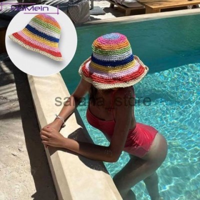 Rainbow Straw Beanie Skull Cap for Women - Summer Fashion Hats J230719