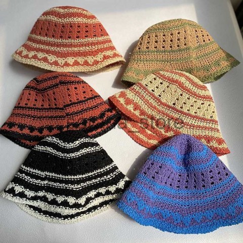 Rainbow Straw Beanie Skull Cap for Women - Summer Fashion Hats J230719
