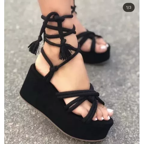 Summer Comfort Platform Wedge Sandals for Women - Height Increase Cross Tied Open Toe