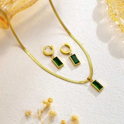 Stainless Steel Wedding Jewelry Set with Green Crystal Earrings & Necklace for Women