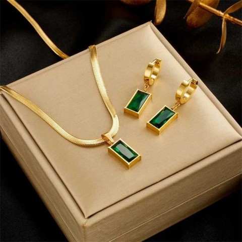 Stainless Steel Wedding Jewelry Set with Green Crystal Earrings & Necklace for Women