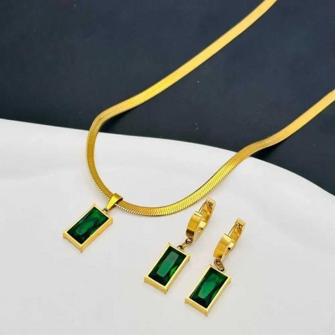 Stainless Steel Wedding Jewelry Set with Green Crystal Earrings & Necklace for Women