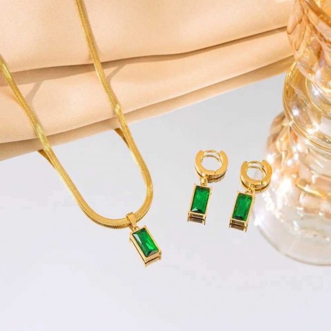 Stainless Steel Wedding Jewelry Set with Green Crystal Earrings & Necklace for Women