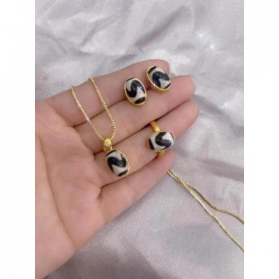 Tibetan Dzi Agate Women's Jewelry Set with Necklace Earrings Ring
