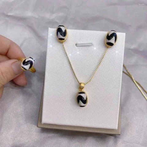 Tibetan Dzi Agate Women's Jewelry Set with Necklace Earrings Ring