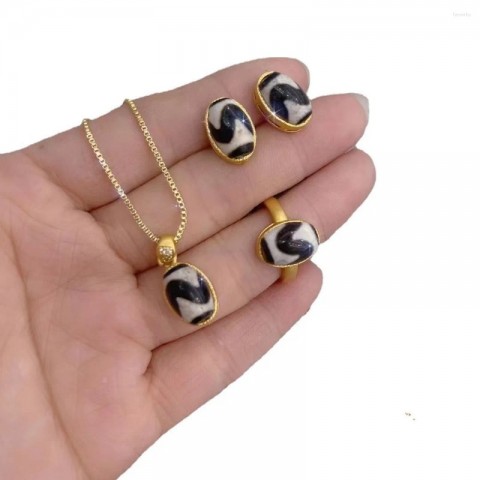 Tibetan Dzi Agate Women's Jewelry Set with Necklace Earrings Ring