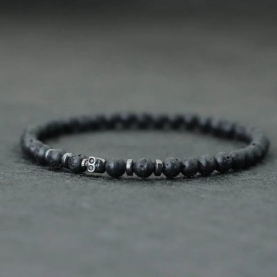 Black Gothic Skull Beaded Bracelet for Men with 4mm Volcanic Rock and Tiger Eye Stones 250430