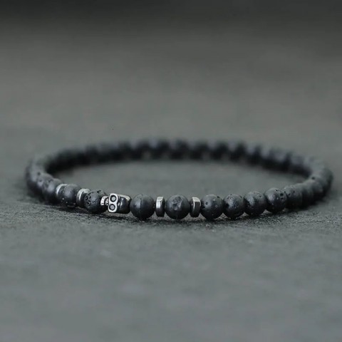 Black Gothic Skull Beaded Bracelet for Men with 4mm Volcanic Rock and Tiger Eye Stones 250430