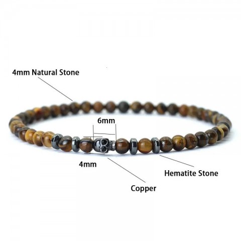 Black Gothic Skull Beaded Bracelet for Men with 4mm Volcanic Rock and Tiger Eye Stones 250430