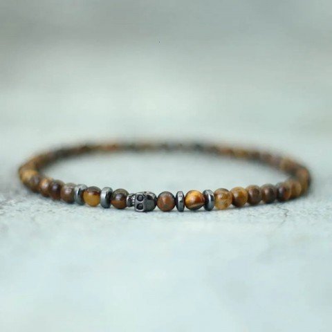 Black Gothic Skull Beaded Bracelet for Men with 4mm Volcanic Rock and Tiger Eye Stones 250430