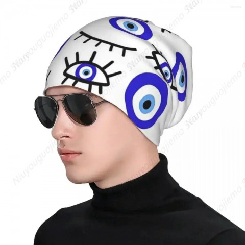 Evil Eye Beret Winter Hat for Unisex Adults - Warm Knitted Beanie
