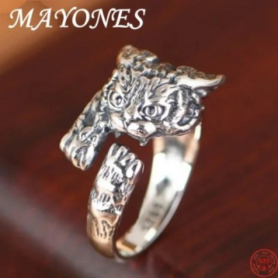S925 Sterling Silver Cartoon Cat Charm Ring for Women - Retro Style