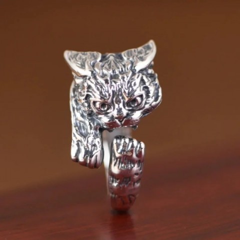S925 Sterling Silver Cartoon Cat Charm Ring for Women - Retro Style