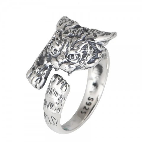S925 Sterling Silver Cartoon Cat Charm Ring for Women - Retro Style